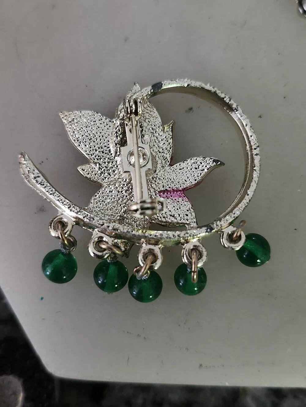 Gold-Tone Pink Flower and Green Bead Women's Brooch
